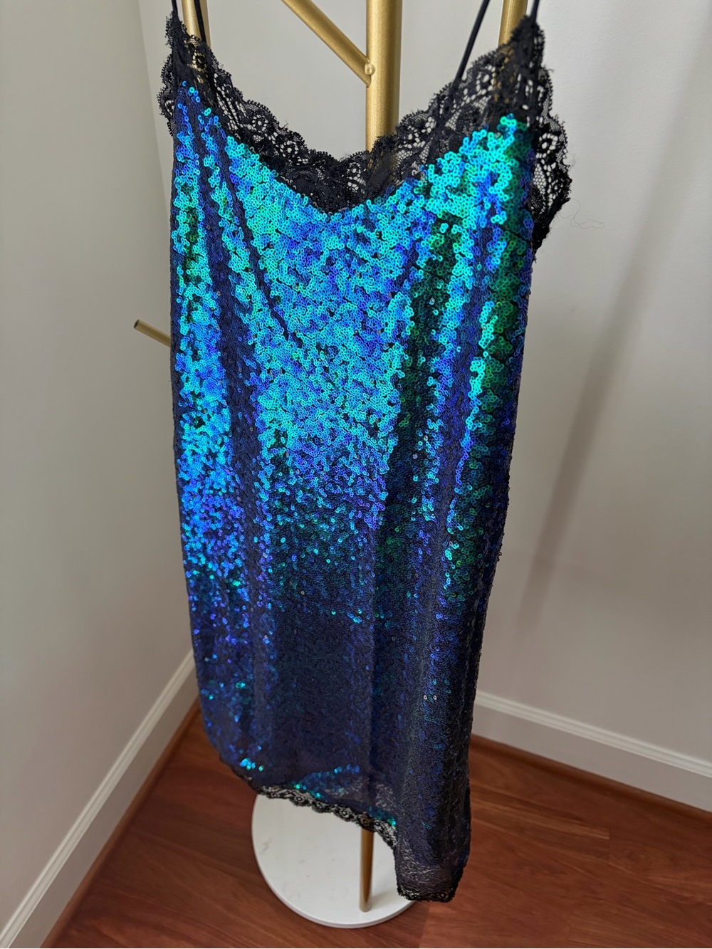 Motel Rocks Iridescent Blue-Green Sequin  Slip Dress